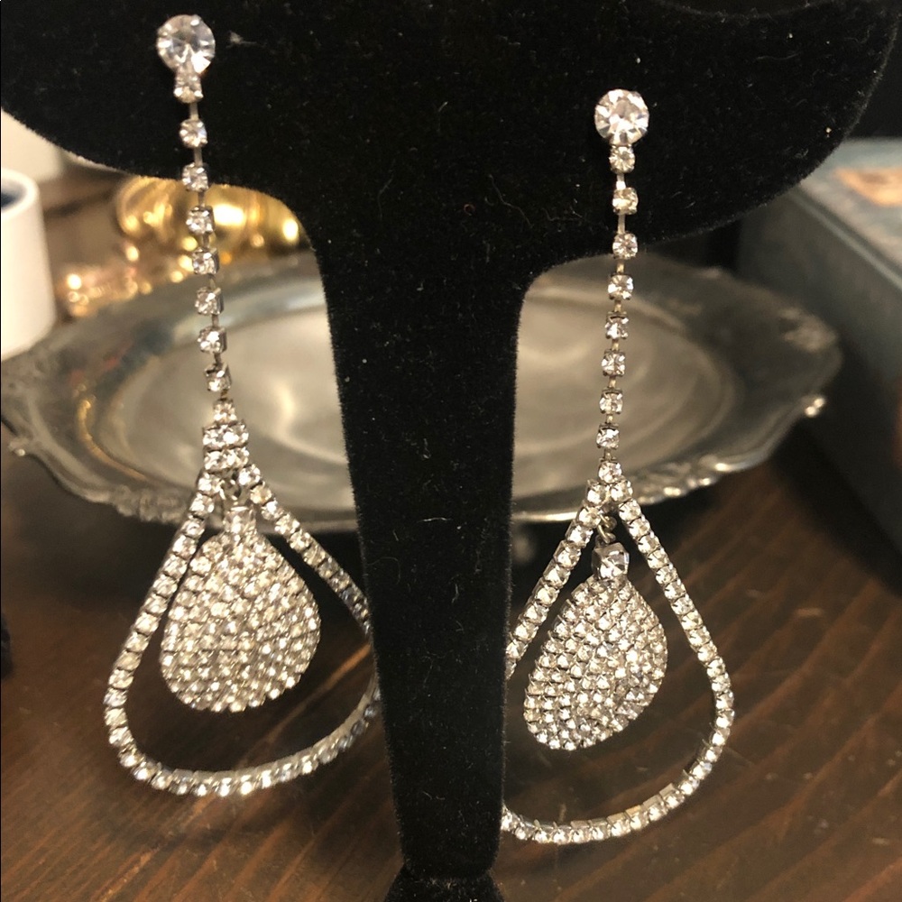 Rhinestone Teardrop Dangle Earrings Silver Tone